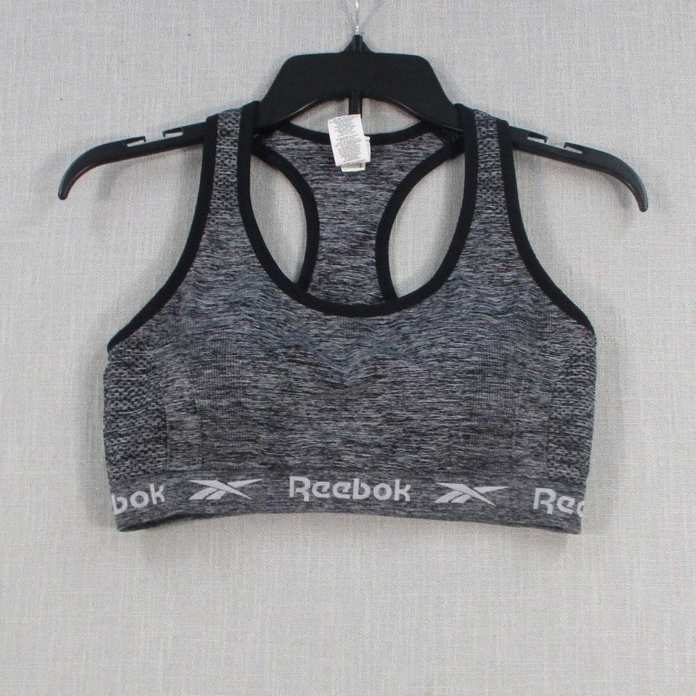 Reebok Womens Gray Space Dye Racerback Sports Bra Size Large Logo Hem Workout